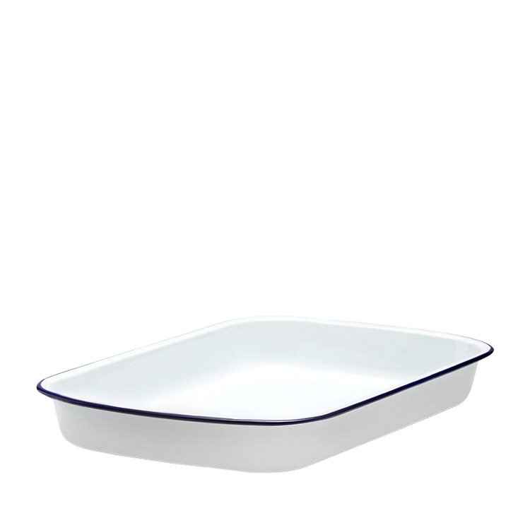 Falcon Enamel Rectangle Baking Tray 41x32cm White with Blue Rim Fast