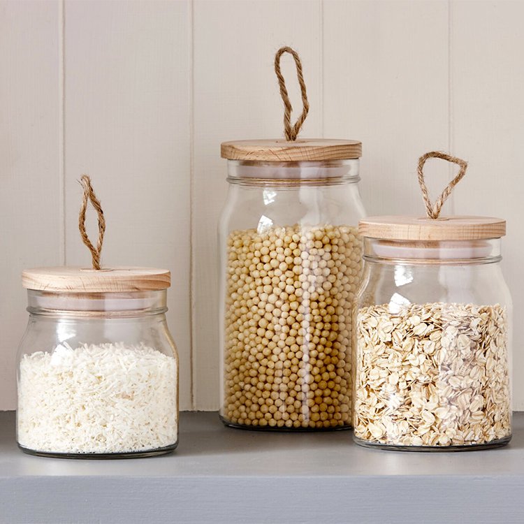 Pantry Round Glass Storage Canister w/ Wooden Lid Set of 3 Fast Shipping