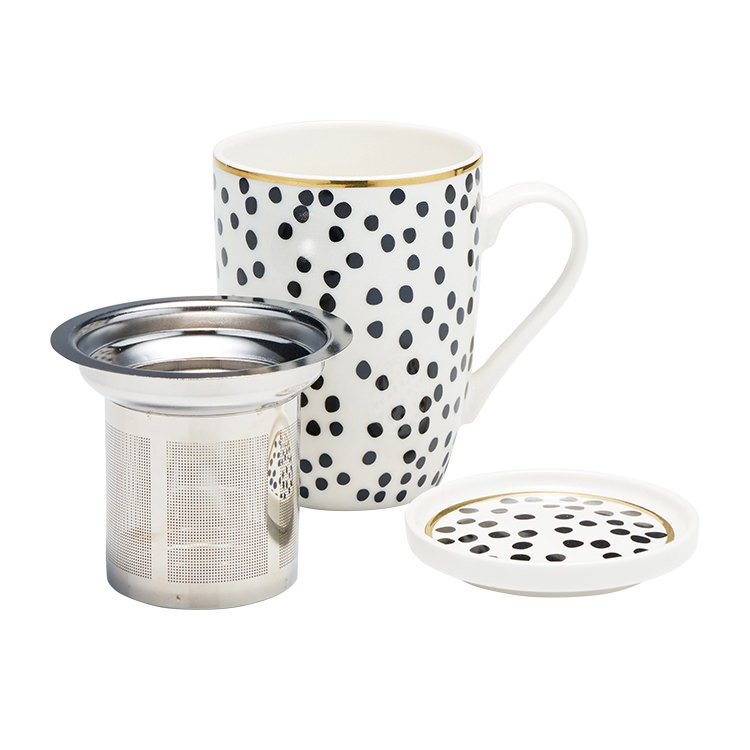 Salt & Pepper Luxe Mug with Tea Strainer & Lid Dots Fast Shipping